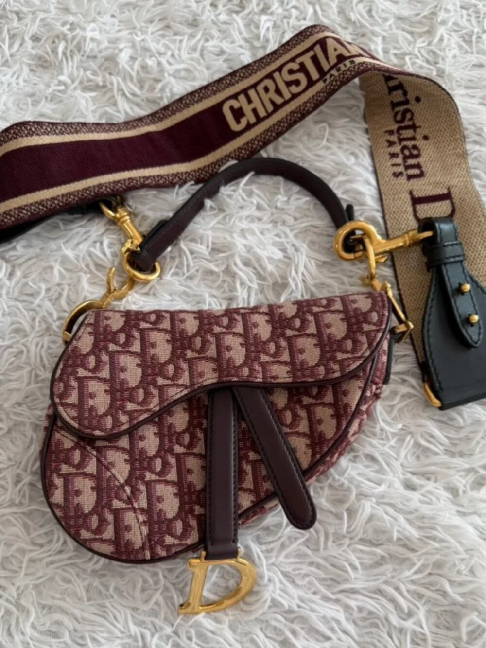 CHRISTIAN DIOR Oblique Mini Saddle Bag With Shoulder Strap in Burgundy Red
